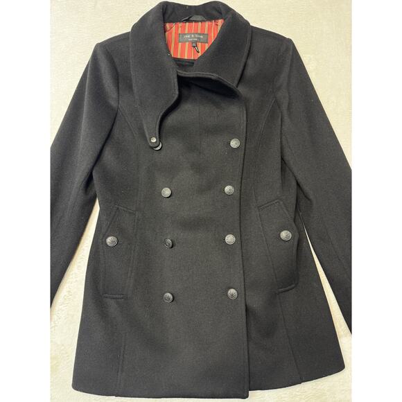 Rag & Bone Wool Leather Peacoat Black Structured Peacoat Size M Made In USA - Picture 2 of 12